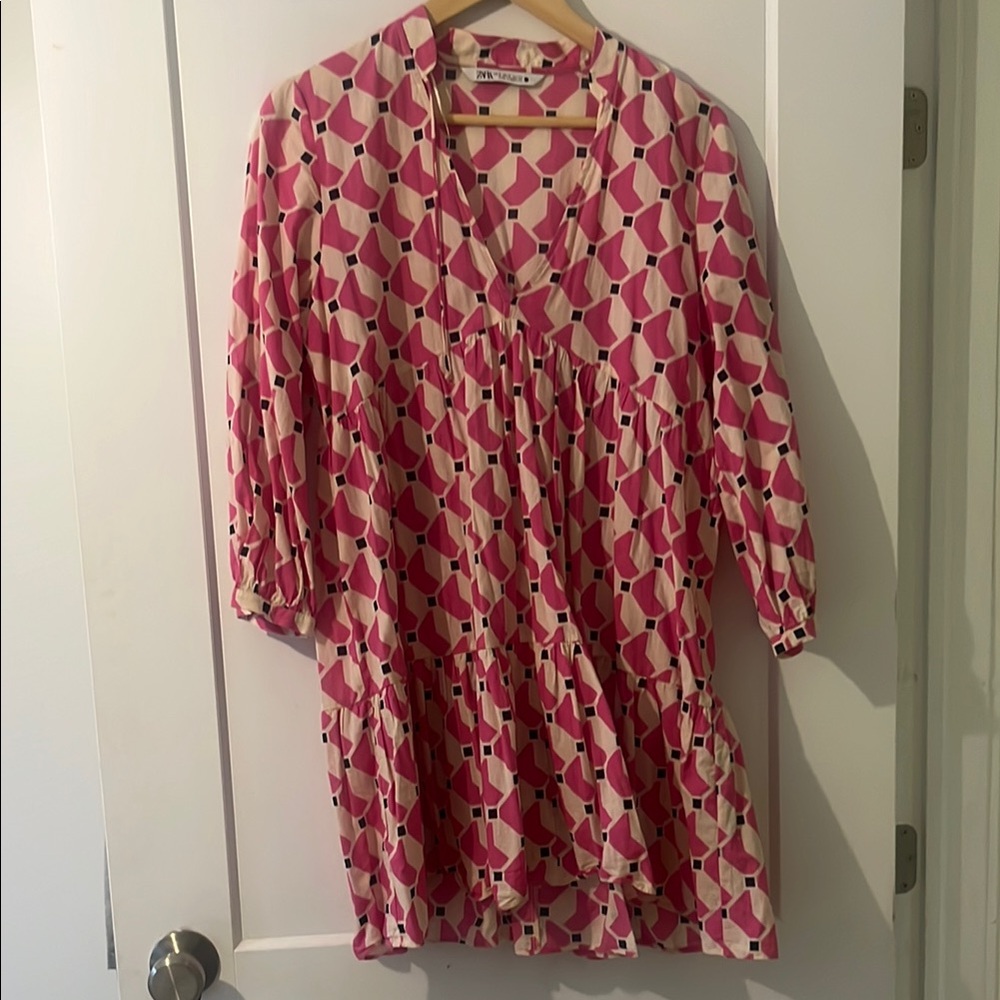 Pink Geometric mini dress, 100% cotton, cool and airy